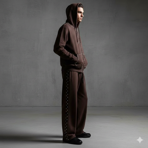 Sweat à capuche zippé avec logo personnalisé Ranzia Industry, écologique, orné de strass, et pantalon de jogging avec patch brodé. - Product Image 3