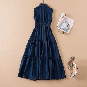 Blue Denim <b>Dress</b> Sleeveless Tiered Pleated <b>Midi</b> <b>Dress</b> Button Front Backless Style for Casual Party - Product Image 2