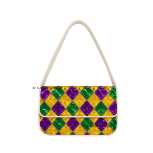 Bolso de hombro con patrón de diamantes morado, verde y dorado de Mardi Gras, hecho a mano con lentejuelas y cuentas, bolso artesanal. - Product Image 1