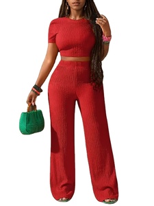 Nouvel ensemble décontracté tricoté : Haut uni respirant à manches courtes et pantalon ample à jambes larges pour le streetwear - Product Image 5