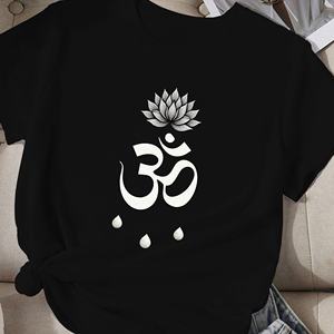 T-shirt de confort décontracté pour femmes avec symbole Om et imprimé de fleurs de lotus en tissu tricoté en polyester - Product Image 1