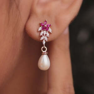 Luxury Ruby <b>Red</b> Stone Pearl Drop Rhodium Plated 925 Sterling Silver Dangle <b>Earrings</b> for Women Wedding Bridal Party Wear Jewelry - Product Image 3