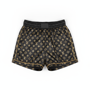 Shorts de boxe personnalisés imprimés pour hommes, coupe classique, polyester extensible, vêtements d'arts martiaux, taille adulte, motif monogramme noir et or - Product Image 3