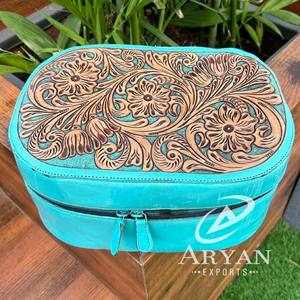 New Arrival Hand Tooled Leather Stylish <b>Makeup</b> Cosmetic Storage <b>Box</b> <b>Makeup</b> <b>Box</b> ,Turquoise Color Vanity Bathroom Organizer <b>Box</b> - Product Image 1