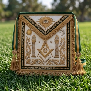 Insignia Masónica de Cuero Blanca de Lujo, Bordada en Oro con Compases Cuadrados y Ojo que Todo lo Ve, Regalia Masónica Cosida y Personalizada - Product Image 3