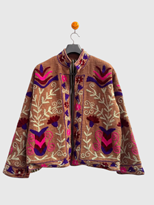 Chaqueta de Mujer para Otoño, Talla Grande, con Cuello Mao, Manga Larga, Bordado Floral a Mano en Algodón - Product Image 1