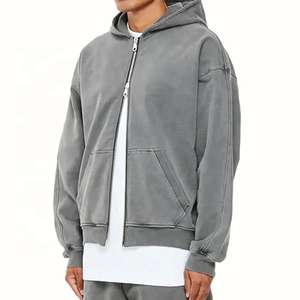 Sudadera con capucha y cremallera estilo urbano, con logotipo personalizado bordado, 100% algodón, antiencogimiento, lavado ácido retro, gris, para hombre - Product Image 2