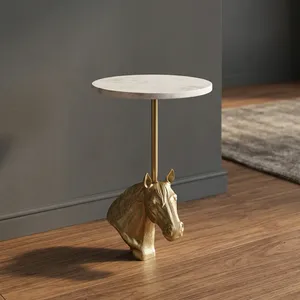 Modern <b>Round</b> Marble Top Side <b>Table</b> with <b>Gold</b> Horse Head Base Decorative Accent Furniture for Living Room - Product Image 5