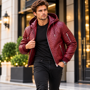 Men’s Burgundy Ostrich Leather Hooded Bomber <b>Jacket</b> – Premium Leather <b>Zip</b>-<b>Up</b> <b>Jacket</b> with Ribbed Cuffs and Multiple Pockets - Product Image 2