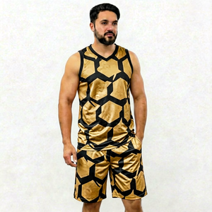 Conjunto de camiseta sin mangas y pantalones cortos con estampado geométrico para hombre, cuello en V, de secado rápido, tejido de poliéster, estilo deportivo, para verano. - Product Image 1