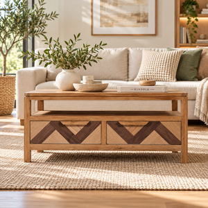 Mesa de salón moderna de roble de la colección SOHO con dos cajones de almacenamiento, mesa de centro de madera para muebles de salón - Product Image 6