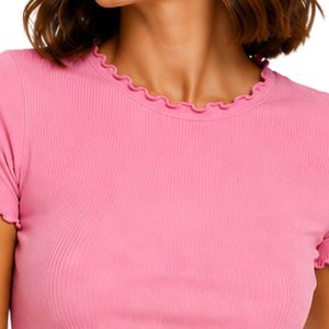 Camiseta Corta Rosa Personalizada con Ribetes para Mujer, Manga Corta, Cuello Redondo con Volantes, Algodón y Spandex, Ajuste Delgado, Casual de Verano - Product Image 5