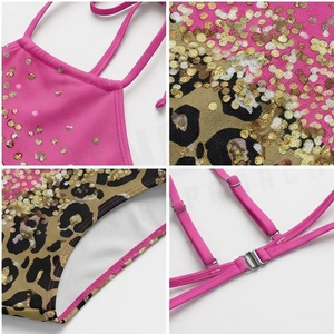 Ensemble bikini 2 pièces imprimé léopard rose avec haut dos nu à paillettes et bas taille haute, maillot de bain pour femme - Product Image 4
