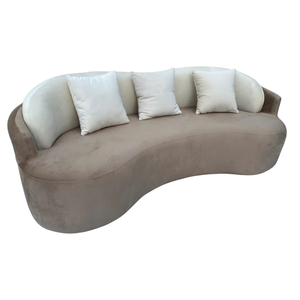 Canapé trois places en bois massif vietnamien, rembourrage en mousse et tissu, design moderne, pour appartement ou hôtel, avec coussin marron et dossier en forme de demi-cercle - Product Image 2