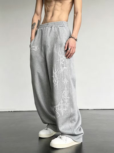 Pantalon de survêtement gris pour homme, coupe large, taille élastique, décontracté, en polyester/coton, imperméable, écologique, respirant, poids moyen, style automne - Product Image 2