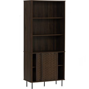 Contemporary Modern <b>Walnut</b> Large Bookcase in Rattan Design Display Cabinet with Metal Legs for Office and Living Room - Product Image 3
