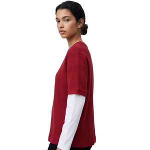 T-shirt gaufré double couche pour femme, manches courtes, couleur unie, col rond, tricoté, décontracté - Product Image 3