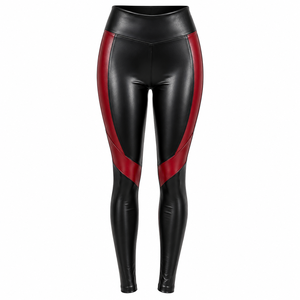 Leggings en similicuir noir et rouge pour femmes, pantalon taille haute extensible et coupe slim - Product Image 1