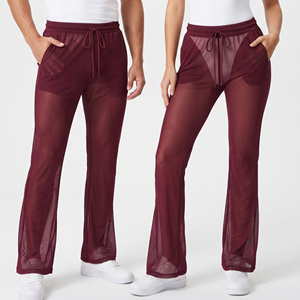 Leggings évasés en résille transparente, style sport, taille à cordon de serrage, pantalon évasé transparent, tenue de soirée sexy, leggings évasés en résille transparente - Product Image 1