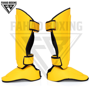 Protège-tibias et protège-pieds légers et durables jaune et noir pour l'entraînement de combat, en cuir avec fermeture auto-agrippante, équipement de boxe protecteur - Product Image 4