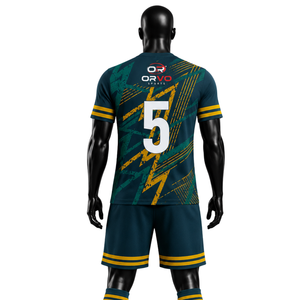 Ensemble de maillot de football pour homme ORVO, design rayé vert foncé/jaune, numéro 5, manches courtes, uniforme assorti, short, chaussettes, polyester - Product Image 2