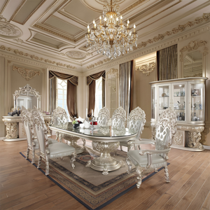 Luxury <b>Silver</b> European Classic Dining Room Set Display Cabinet Antique Carved Wood Dining <b>Table</b> 8 Chairs <b>Console</b> Mirror Hotel - Product Image 1