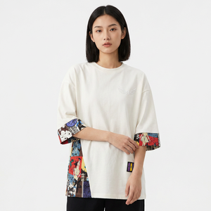 Oversized White Half Sleeve T-<b>Shirt</b> With <b>Patchwork</b> Print And Wing Logo Street Style Men's Casual Wear - Product Image 5