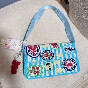 Bolso Rectangular Bordado a Mano de Algodón YUCI con Diseño de Mariscos y Limón, Bolso de Lona Azul a Rayas - Product Image 1
