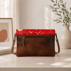 Bolso Bandolera Rojo Metálico de Piel de Vacuno para Mujer, Estilo Western con Pelo, Cartera de Cuero, Bolso de Hombro Tipo Sobre, Accesorio de Moda Vaquera - Product Image 2