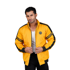 Chaqueta Deportiva Amarilla para Hombre con Bloques de Color, Cuello Alto, Resistente al Viento, de Poliéster, Estilo Bomber con Detalles Negros - Product Image 2