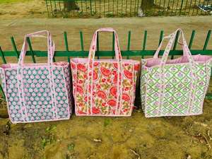 Oversized Large Quilted Weekend Tote <b>Bag</b> - Cotton Block Printed Overnight <b>Bag</b> Grocery Shopping Travel Handmade <b>Bags</b> For Women - Product Image 2