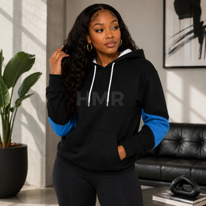 Sweat-shirt à capuche pour femme HMR Sorority Sisterhood avec logo personnalisé, noir et bleu, à blocs de couleurs, décontracté, avec poches - Product Image 3