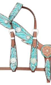 Juego de tachuelas de caballo pintadas con plumas turquesa, Conchos de cristal, placa de pecho, cuero genuino, artículos ligeros para caballos de temporada - Product Image 4