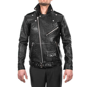 Chaqueta de motorista de cuero genuino Chaquetas con relieve de cocodrilo negro - Product Image 5