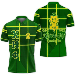 Polo à manches courtes pour homme Chi Eta Phi, motif à carreaux vert et jaune, impression par sublimation, coupe décontractée, respirant - Product Image 2