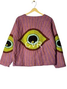 Plus Size Women's <b>Purple</b> Eye Print Bohemian Top Full Sleeve O-Neck Hand Embroidered Cotton Casual Outerwear Spring Wear - Product Image 1