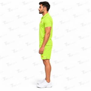 ชุดเสื้อโปโลและกางเกงขาสั้นสีเขียวมะนาวสำหรับผู้ชาย ยี่ห้อ Tiierwear ผ้าถักเนื้อนุ่มระบายอากาศดี สวมใส่สบายในฤดูร้อน มีโลโก้ด้านหน้า - Product Image 3