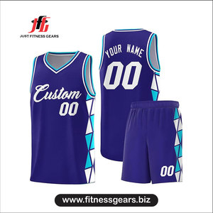ชุดเสื้อบาสเก็ตบอลสั่งทำพิเศษ Just Fitness Gears สีม่วงน้ำเงิน ลายเรขาคณิต คอวี แขนกุด ผ้าตาข่าย สำหรับผู้ใหญ่ - Product Image 1