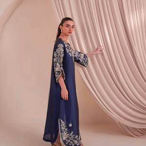 White Floral Pattern Navy Blue Embroidered <b>Kaftan</b> Dress Bell Sleeves Women Floor Length Loose Fit Party Indian Pakistani Dress - Product Image 3