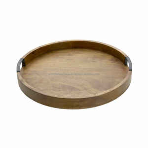 WONDER OVERSEAS Plateau de service rond en bois d'acacia avec poignée en fer élégante - Product Image 1