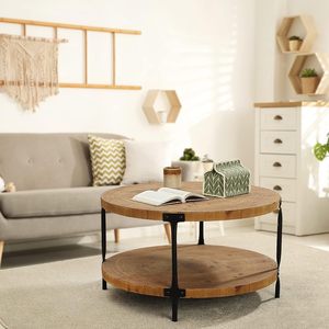 Mesa de Centro Redonda Rústica de 2 Niveles de Madera con Marco de Metal Negro, Mesa Auxiliar Moderna de Estilo Industrial para Sala de Estar - Product Image 5