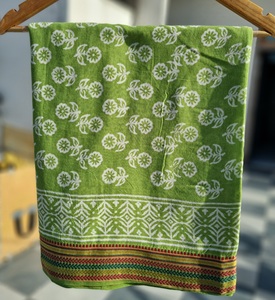 Green Hand Block Print With Zari Border Cotton <b>Sarong</b> Floral Beach Wrap Pareo Boho Lightweight Cover Up Indian Printed Scarf - Product Image 3