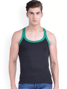 Men's Black Tank Top With Green Trim Casual Sleeveless Knitted O-Neck Solid Color Top - Product Image 5
