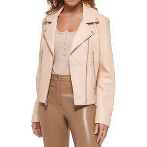 Veste moto en cuir PU beige pour femme, manches longues, fermeture éclair, col montant, couleur unie, vêtement d'automne - Product Image 6