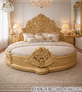 Luxury European Style Round Bed with <b>Side</b> <b>Table</b> <b>Set</b> Classic King Size Bedroom Furniture Exclusive Gold Leaf Carved Bedroom <b>Set</b> - Product Image 2