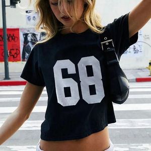 <b>Crop</b> <b>Top</b> T-Shirt With Number Print Short Sleeve O-Neck Street Style Jersey Knitted Women's Casual Wear - Product Image 1