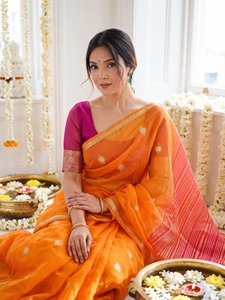 Sari en soie orange AARA Fashion avec bordure rose et travail Zari doré, protection solaire, tenue de mariage, sari indien traditionnel pour femme, longueur au sol - Product Image 4