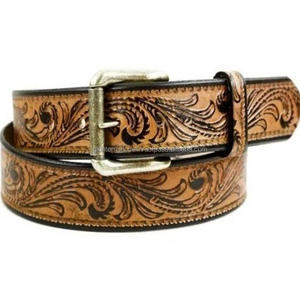 Ceinture en cuir occidentale unisexe, fabrication professionnelle directe d'usine, brun tan, motif floral, sculptée à la main, boucle en laiton - Product Image 6