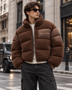 Chaqueta acolchada azul con capucha para hombre de Thorfinn Industry, con forro de sherpa y logotipo bordado, abrigo informal de invierno, precio al por mayor - Product Image 3