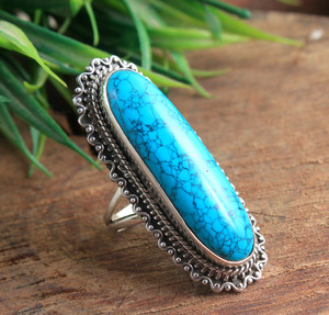 Natural <b>Turquoise</b> <b>Ring</b> 925 Sterling Silver Handmade Long Oval <b>Turquoise</b> Statement <b>Ring</b> Vintage Boho Gemstone Jewelry - Product Image 4